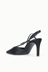 Black slingback heeled sandal with ankle tie strap and pointed toe