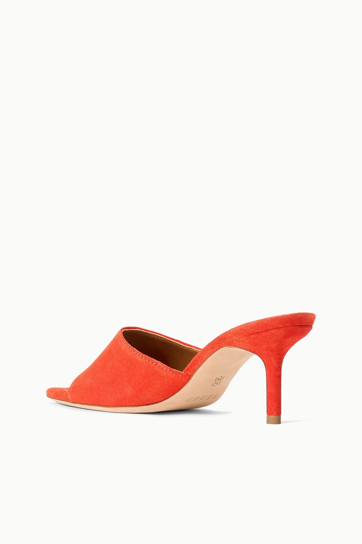 Orange suede backless mule with open toe and slim stiletto heel, angled side view.