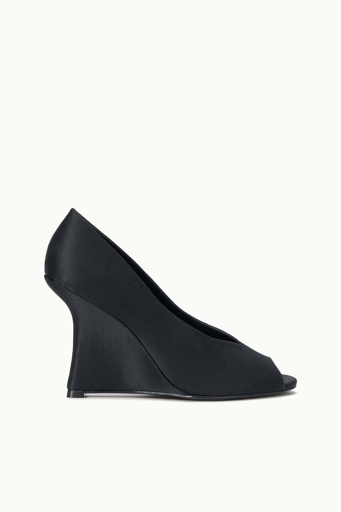 Black satin peep-toe wedge heels, side profile with open peep opening