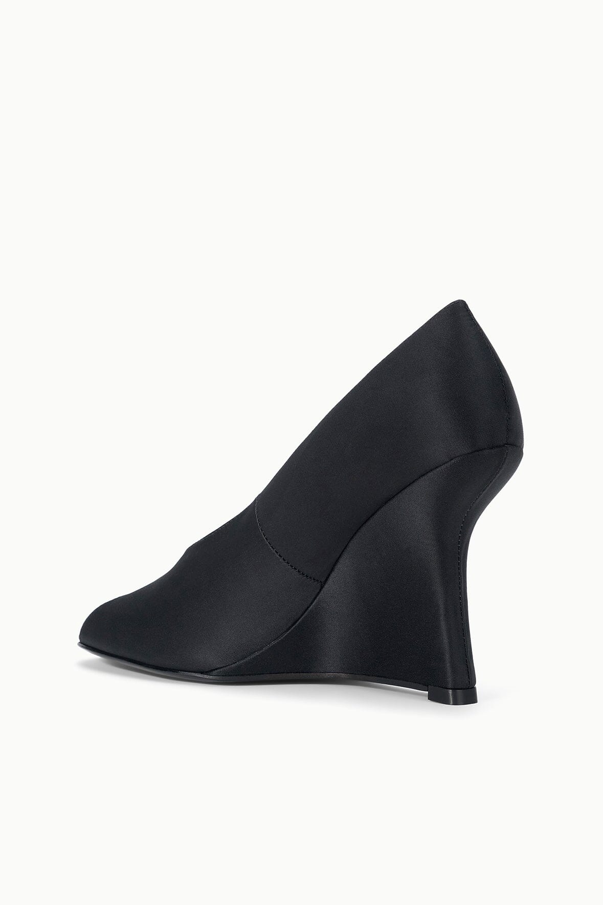 Black satin wedge heel shoe, sculpted wedge and smooth peep-toe front