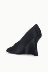 Black satin wedge heel shoe, sculpted wedge and smooth peep-toe front