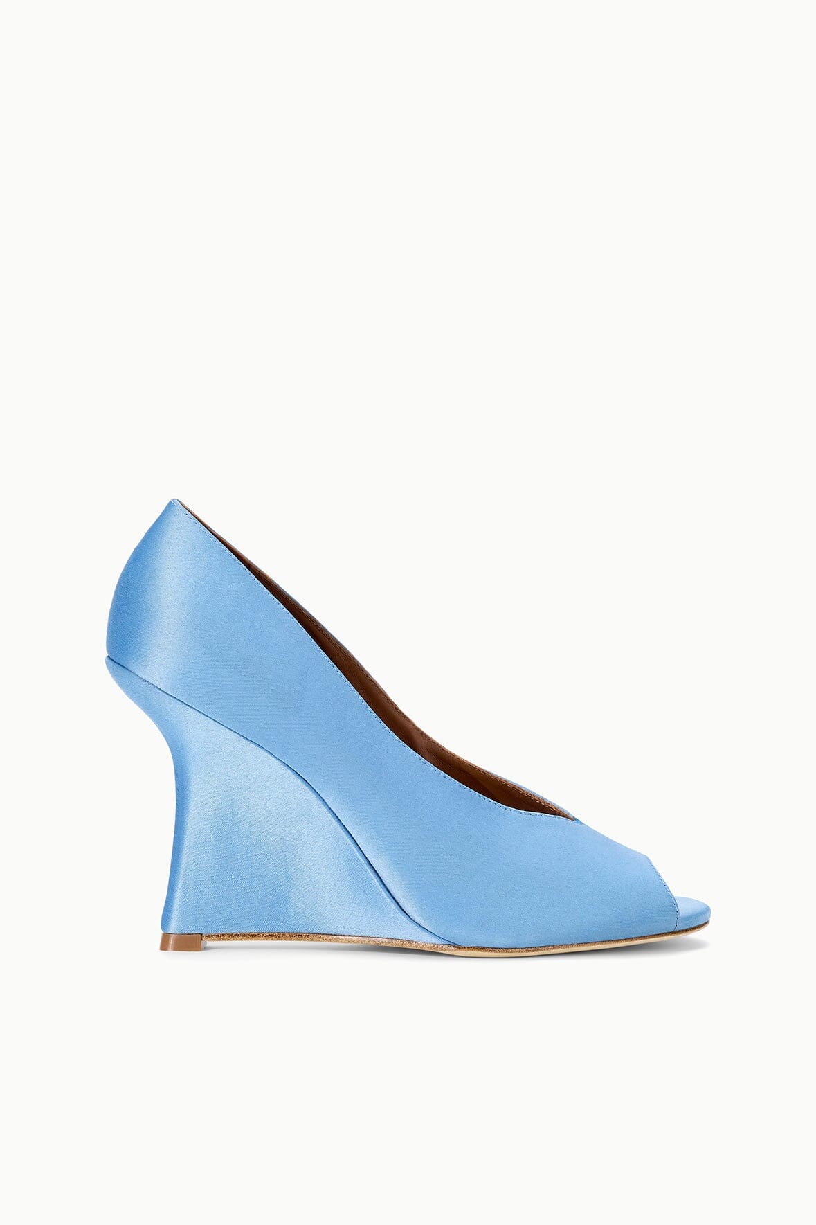 Sky-blue peep-toe wedge heels with open toe and curved wedge sole