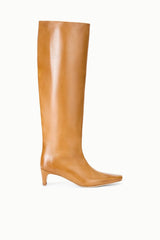 A single knee-high leather boot in a warm tan or camel shade, featuring a pointed toe and a low kitten heel, shown from a side profile on a clean white background.