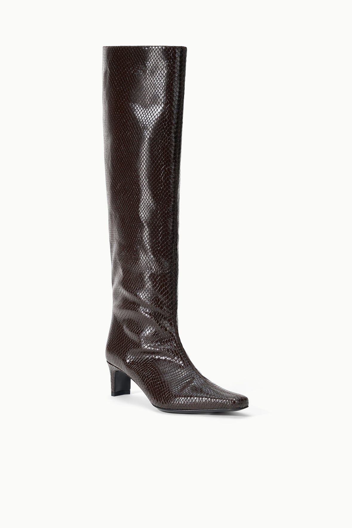 Front view of dark espresso brown knee-high snake-embossed boot with low block heel.