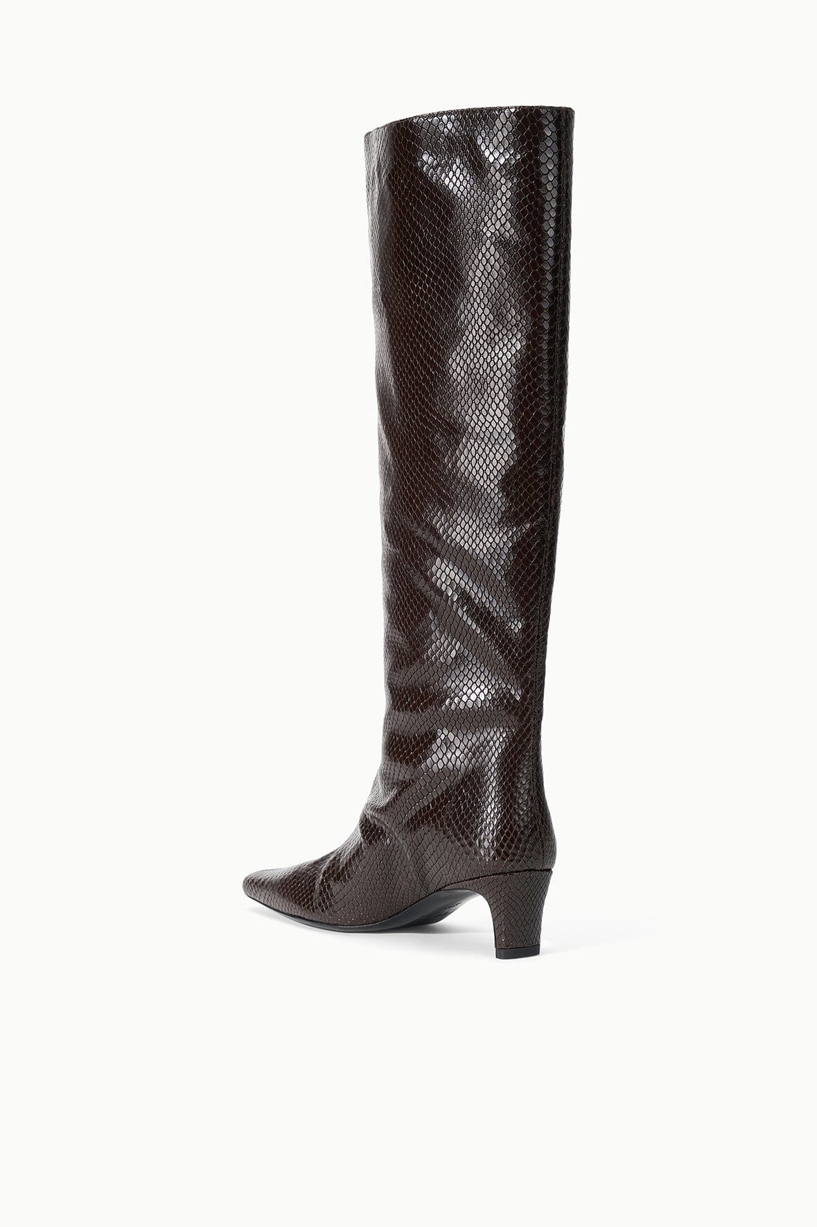 Three-quarter view of dark espresso brown knee-high snake-embossed boot with low heel.