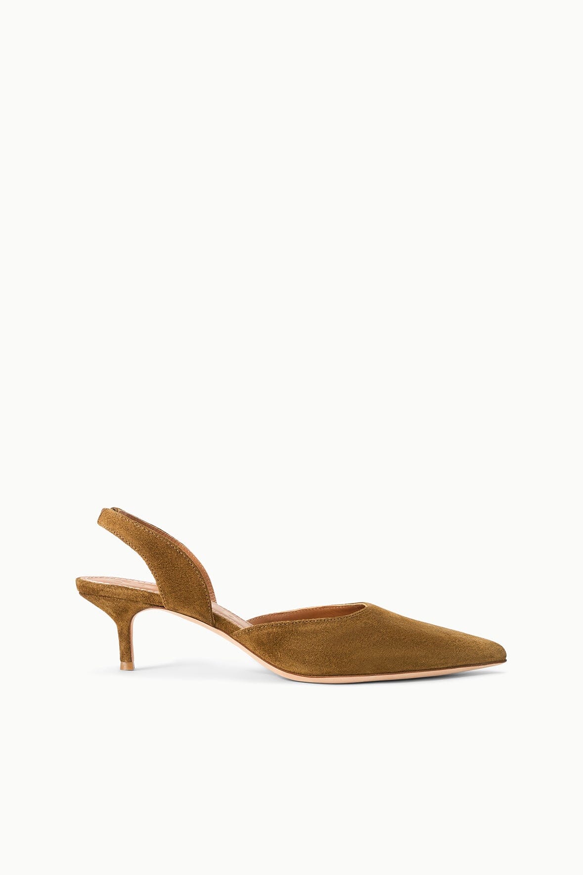 Tan-brown suede slingback heels with pointed toe and low stiletto heel
