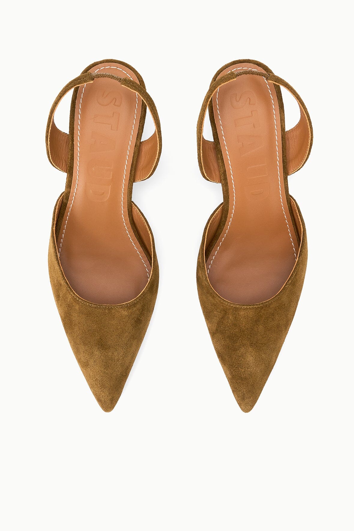 Tan-brown suede slingback heels with pointed toe and T-strap, leather lining