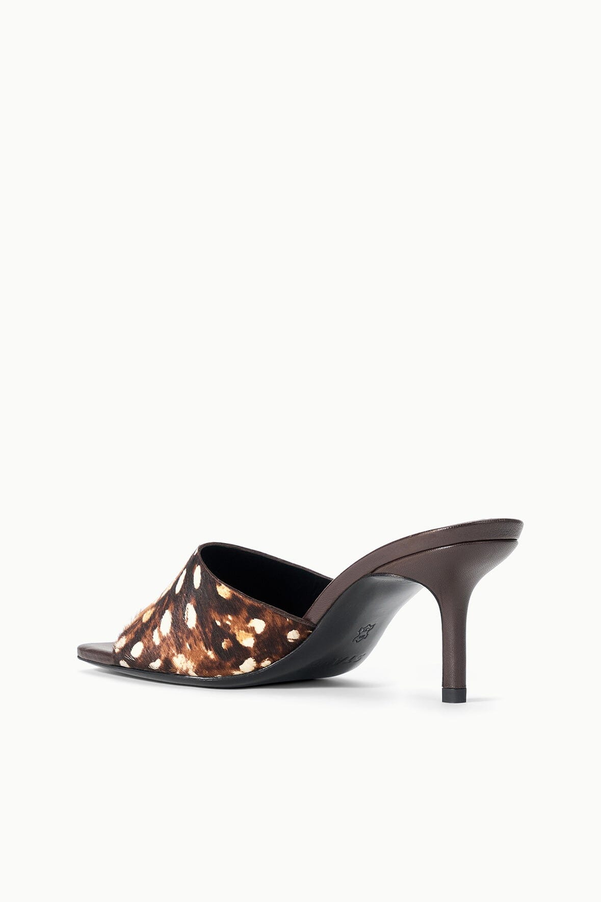 Fawn haircalf mule with open toe and mid-height block heel, animal-print upper