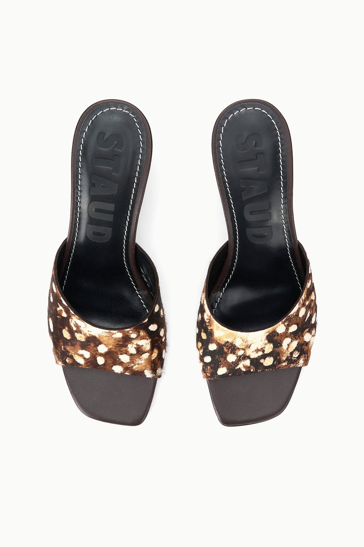 Fawn haircalf mule pair, open-toe slides with block heels and animal-print uppers