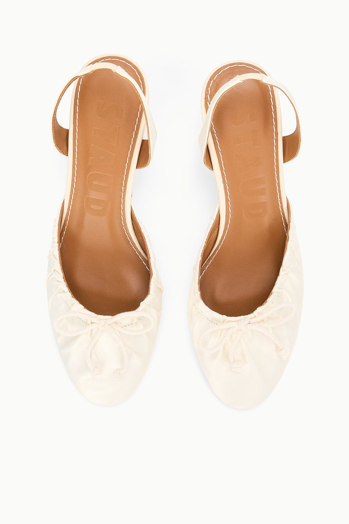 Ivory satin ballet slingback heels with ruched toe and small kitten heel