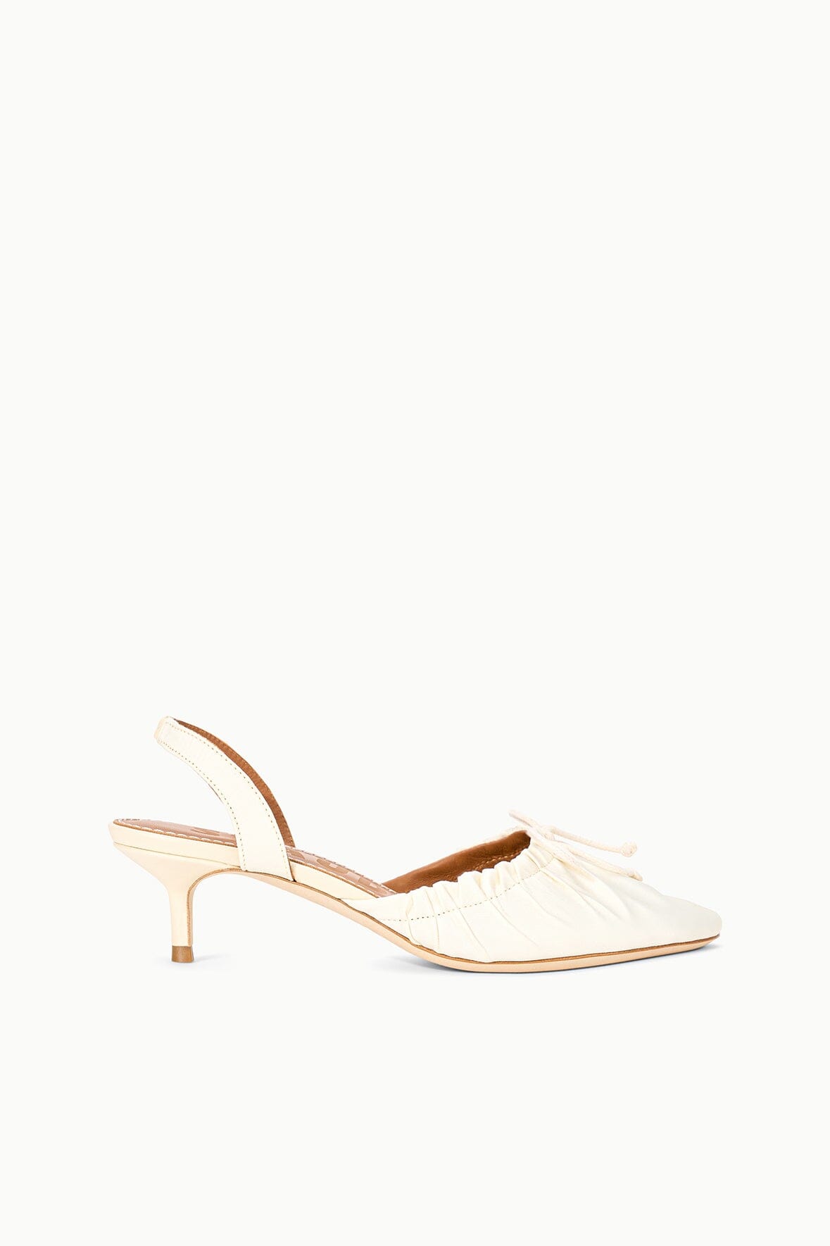 Ivory satin ballet slingback shoe with pointed toe and slim kitten heel