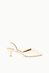 Ivory satin ballet slingback shoe with pointed toe and slim kitten heel