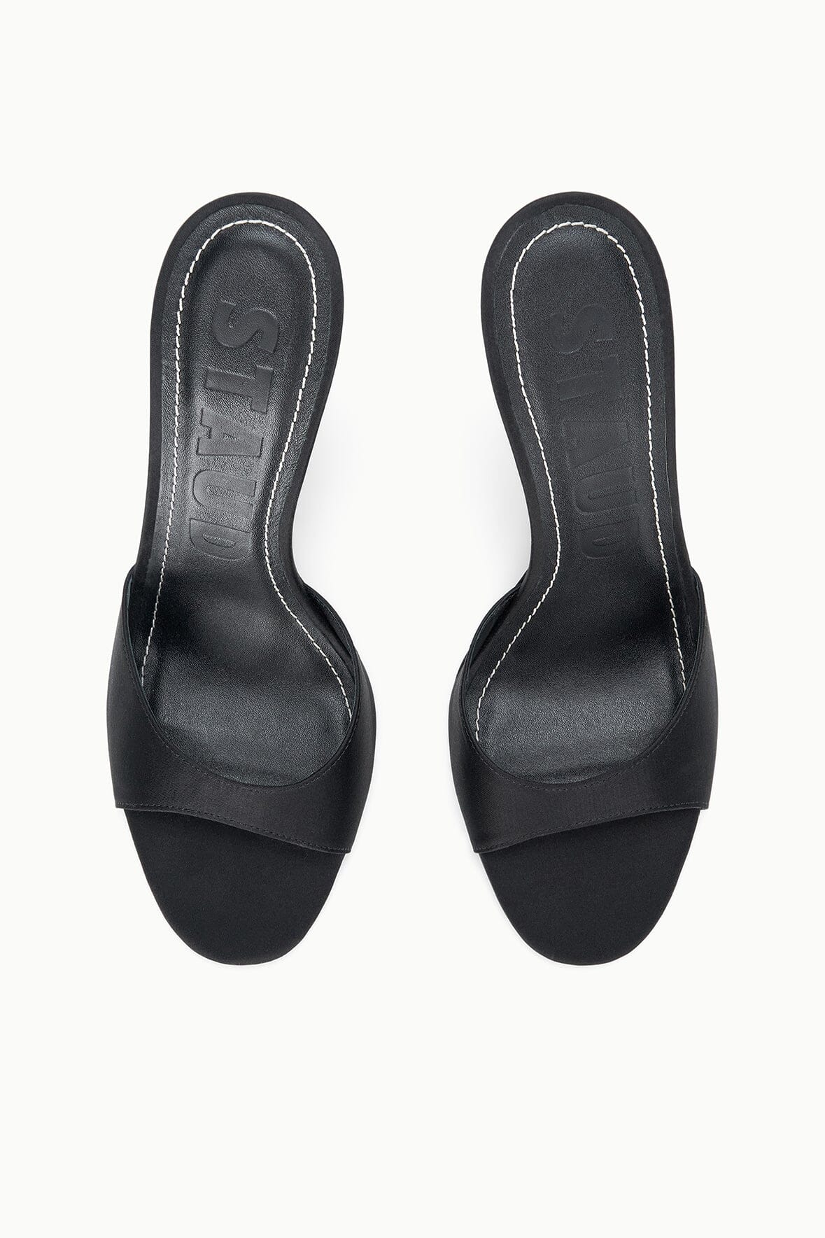 Black satin high-wedge slide sandals, open toe, curved wedge heel