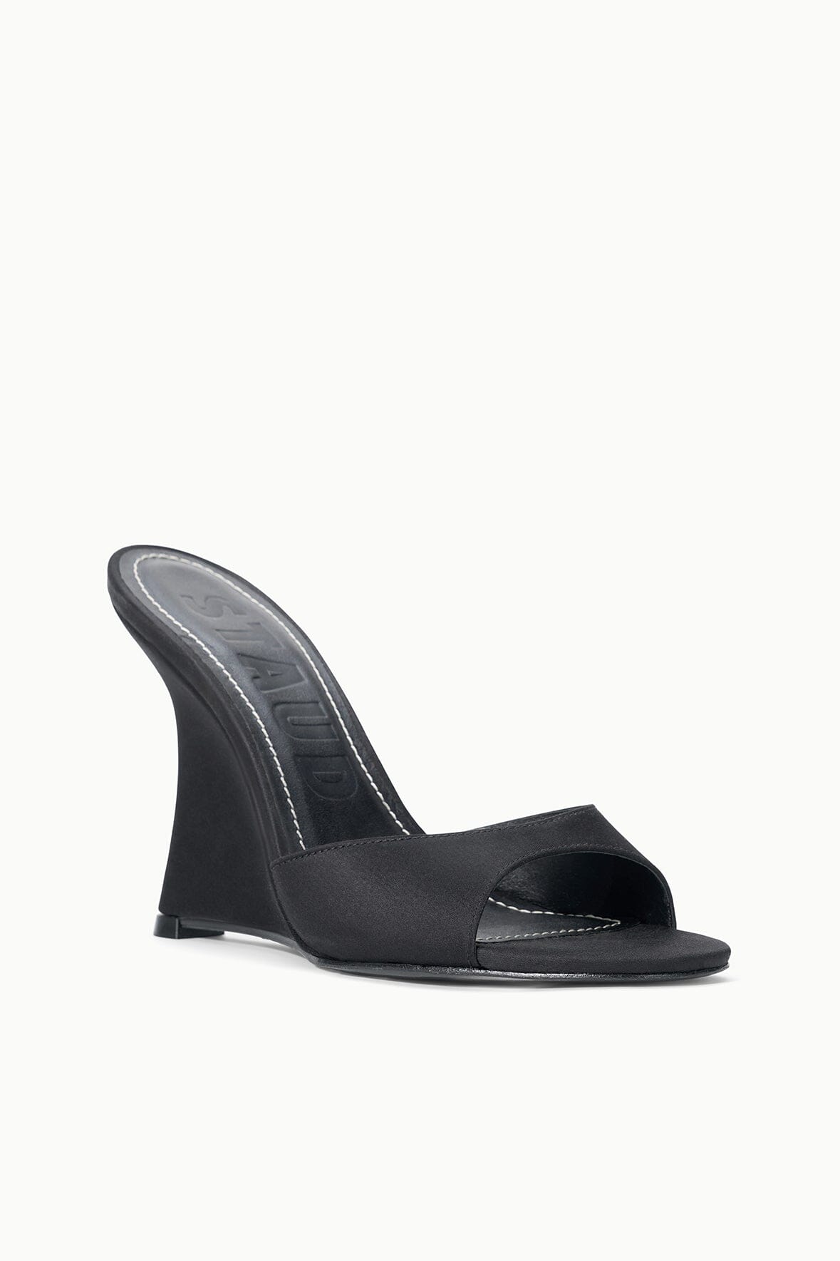 Black satin high-wedge slide sandal, angled view with open toe