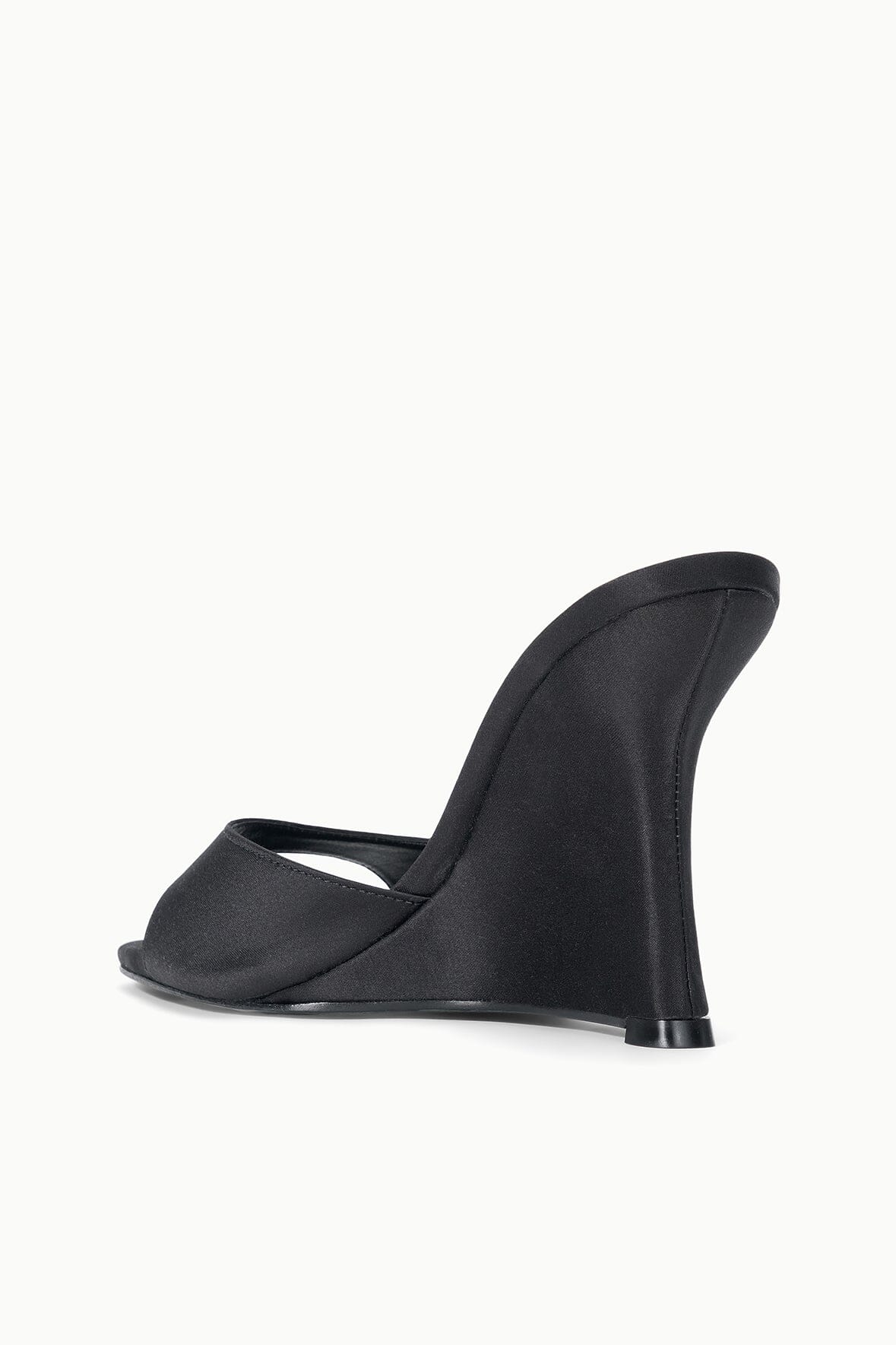 Black satin high-wedge slide sandal with open toe and sculpted wedge heel