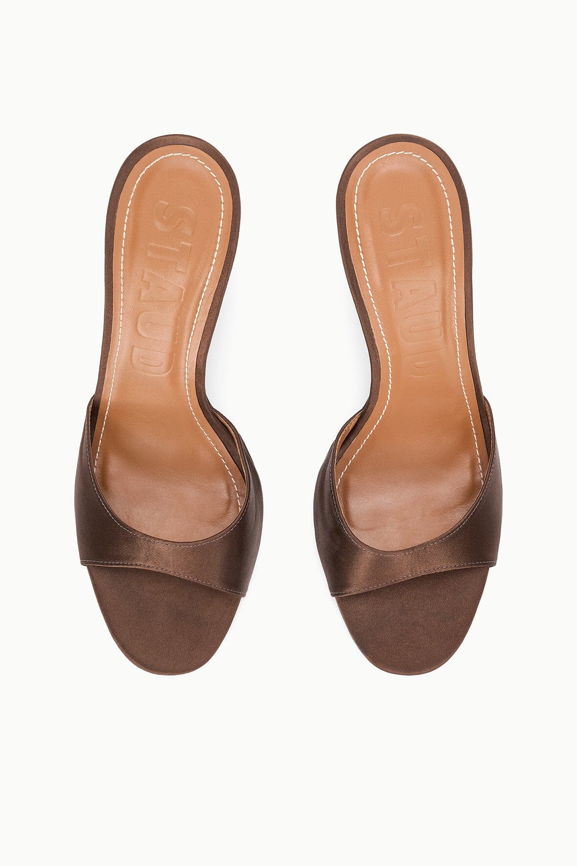 BRIGITTE high wedge sandals, espresso-brown satin upper, open toe, tan footbed