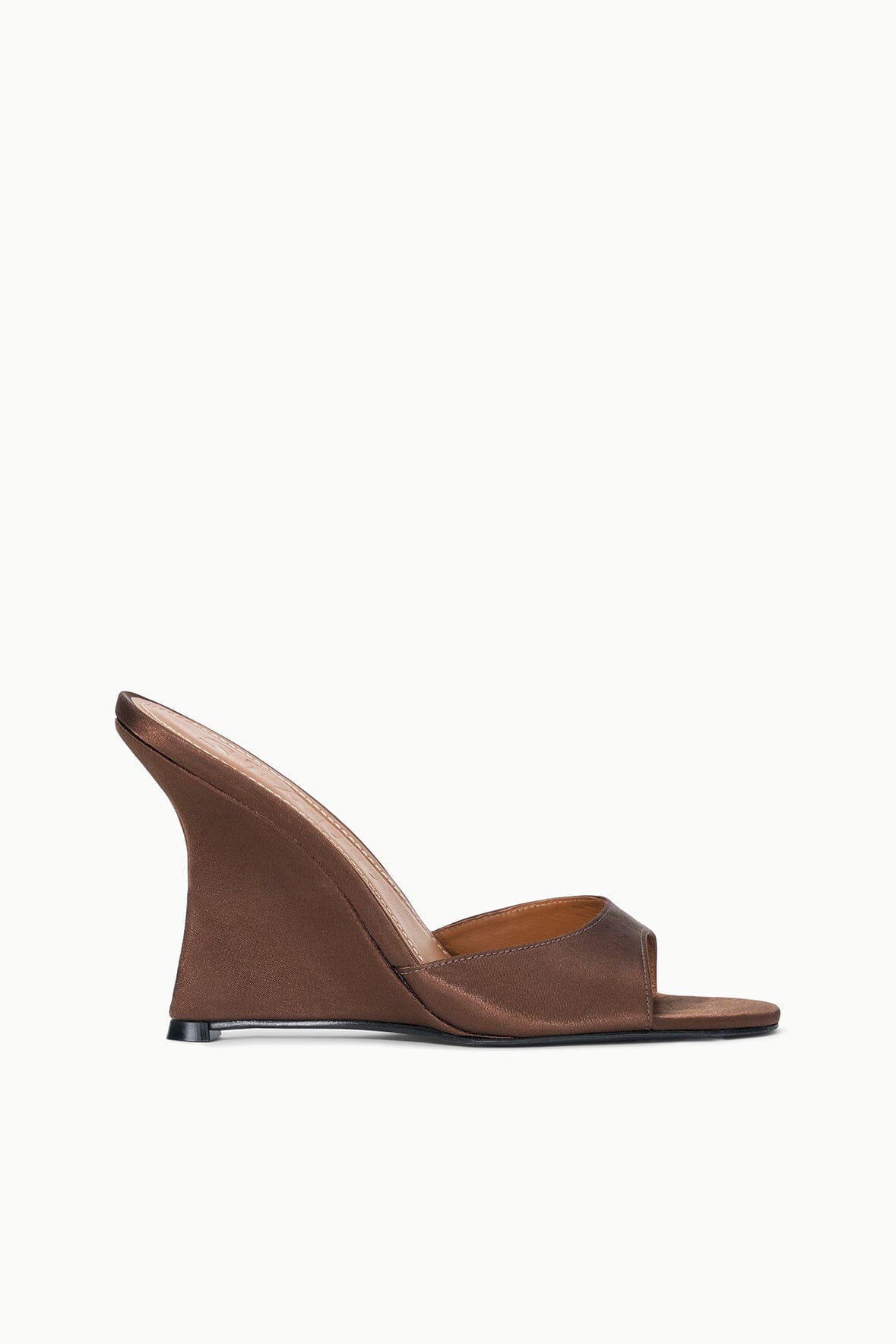 BRIGITTE high wedge slide sandals in dark espresso satin, open toe, wedge heel