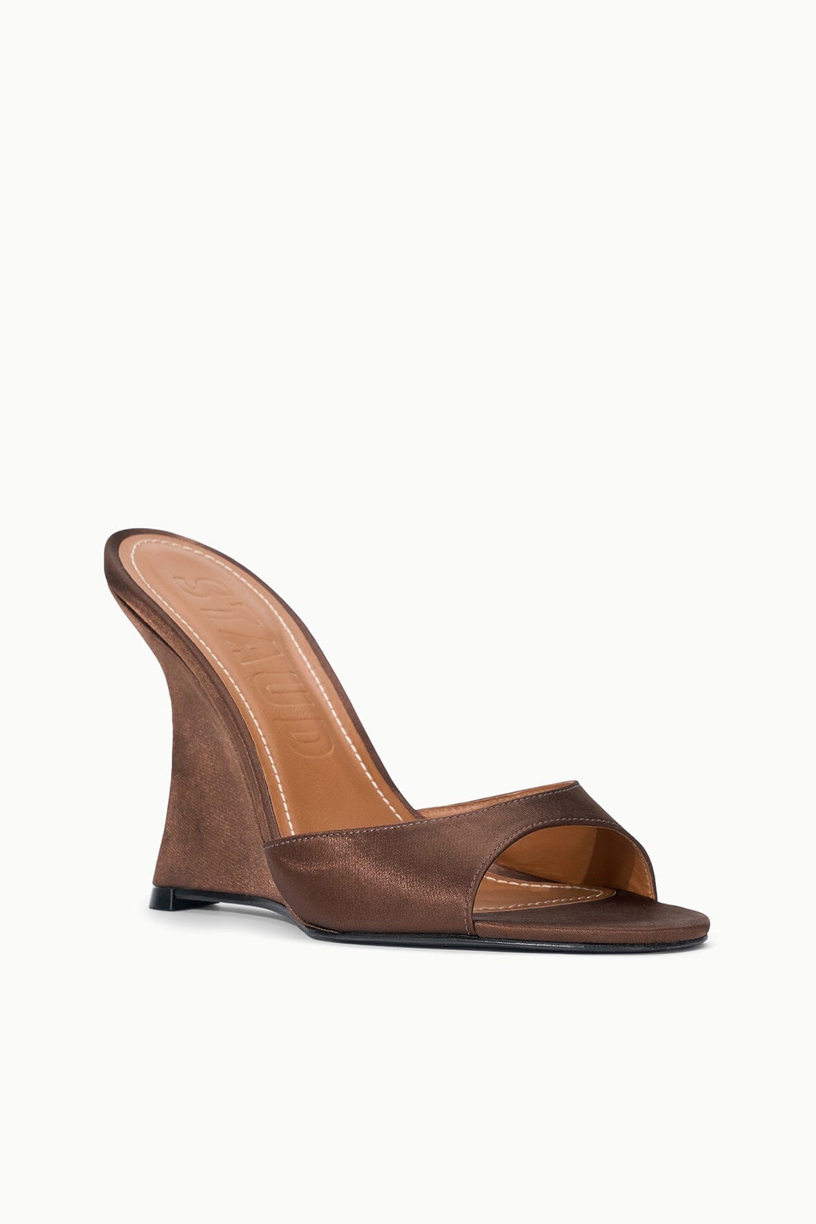 BRIGITTE high wedge slide sandals, espresso-brown satin, open toe, low wedge heel