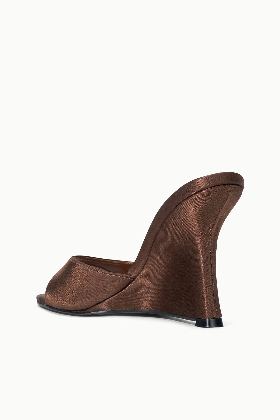 BRIGITTE high wedge sandals in espresso-brown satin slide, angled wedge heel