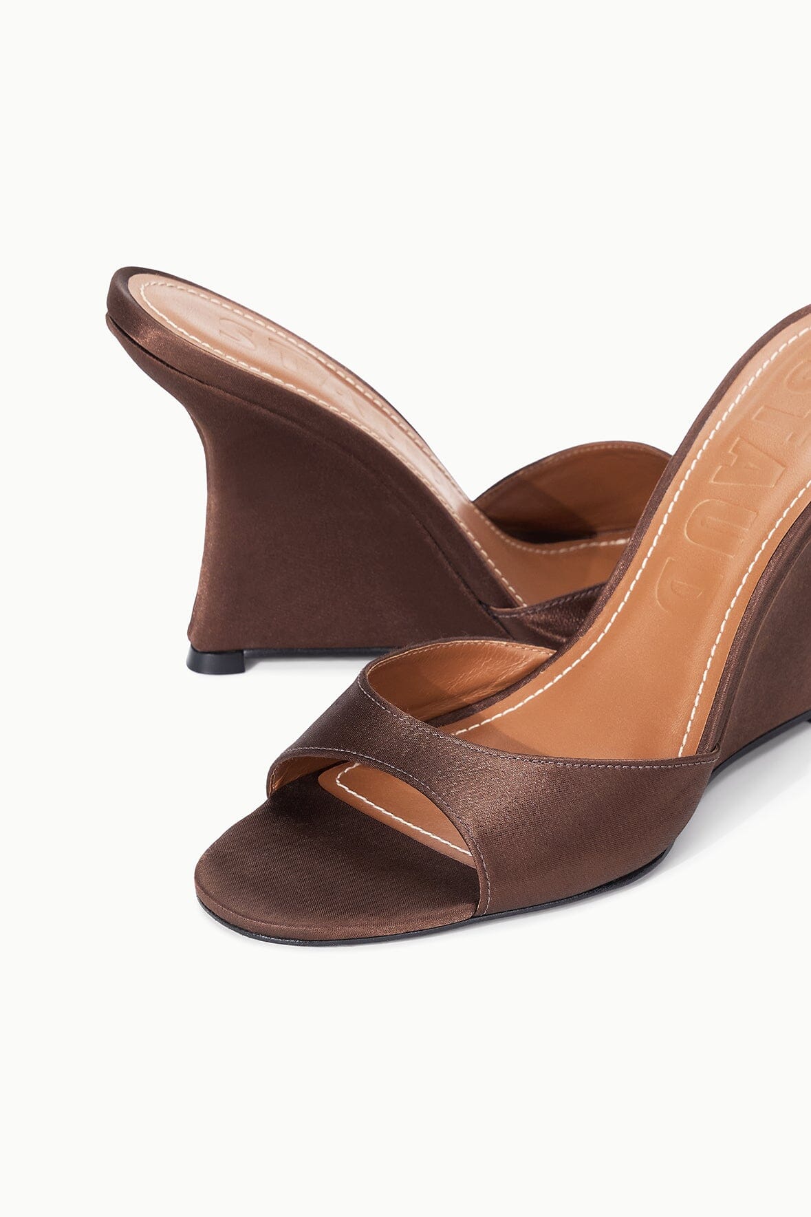 BRIGITTE high wedge sandals, espresso satin slide straps, tan insole, wedge heel