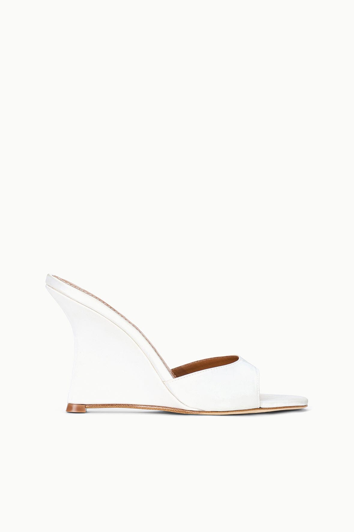 BRIGITTE high wedge sandal in ivory satin, tan footbed, side view