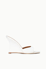 BRIGITTE high wedge sandal in ivory satin, tan footbed, side view