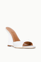 BRIGITTE high wedge mule sandal in ivory satin with open toe and brown lining