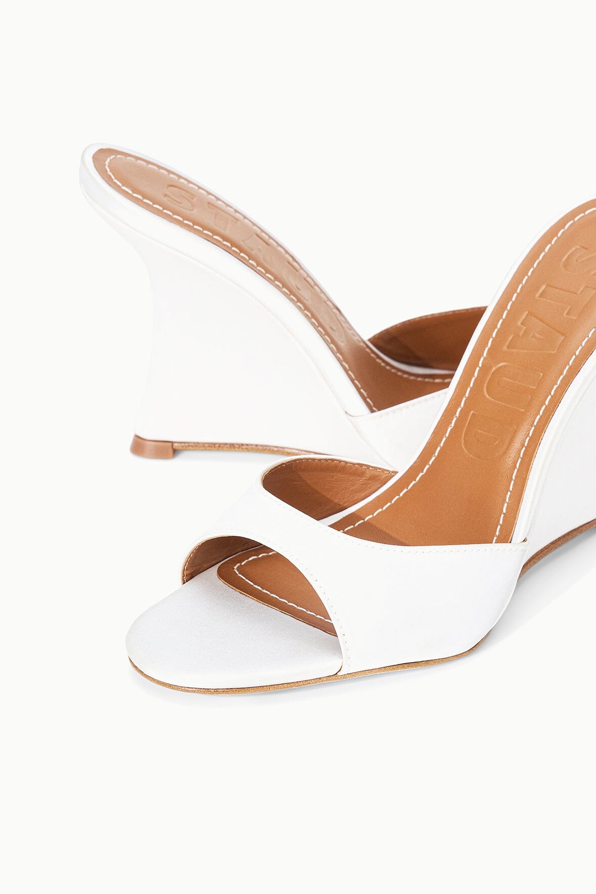 BRIGITTE ivory satin high wedge sandals, open toe with brown insole detail