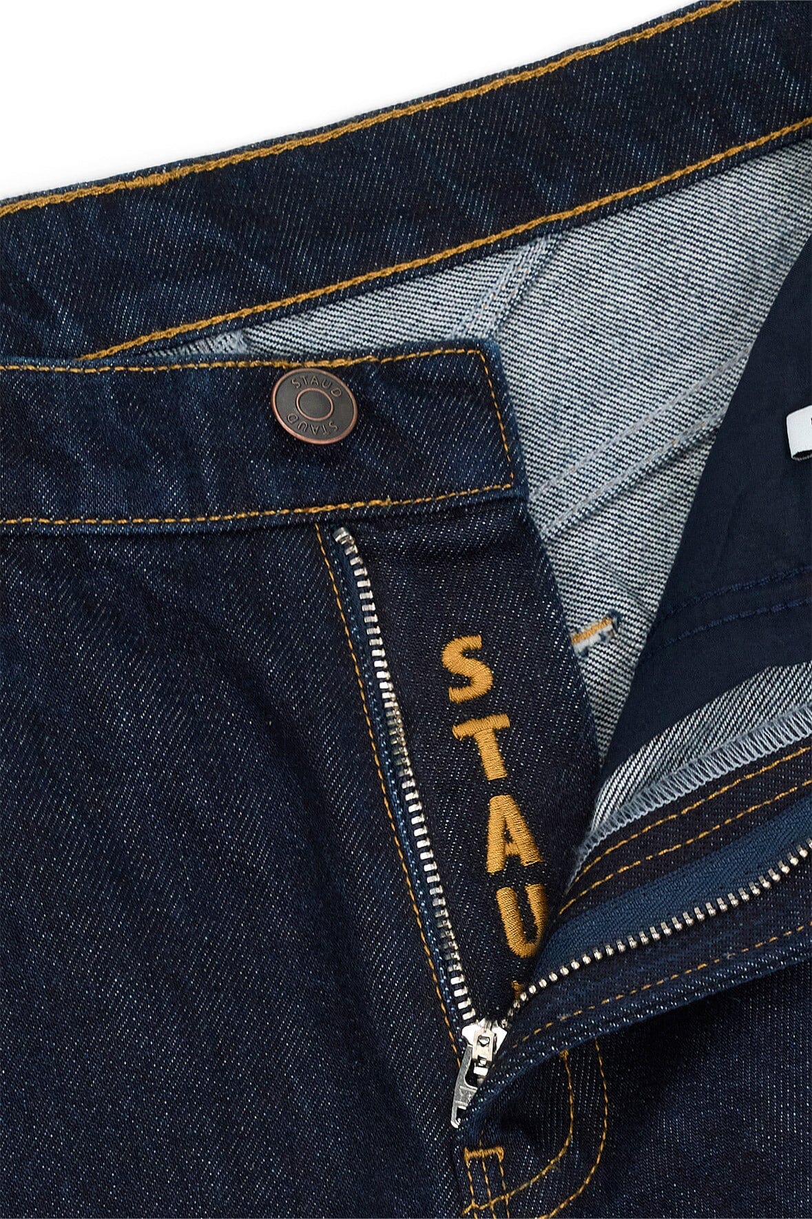 Indigo relaxed jeans close-up with button fly, coin pocket, and orange stitching