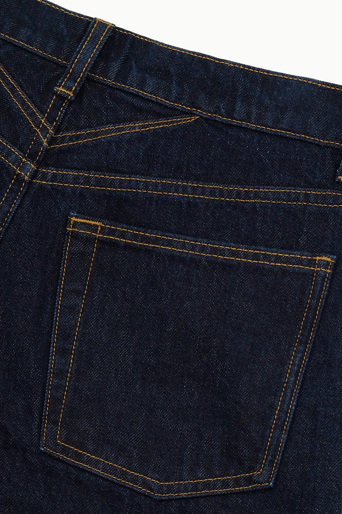 Indigo jeans front waistband with belt loops and stitched pocket detail