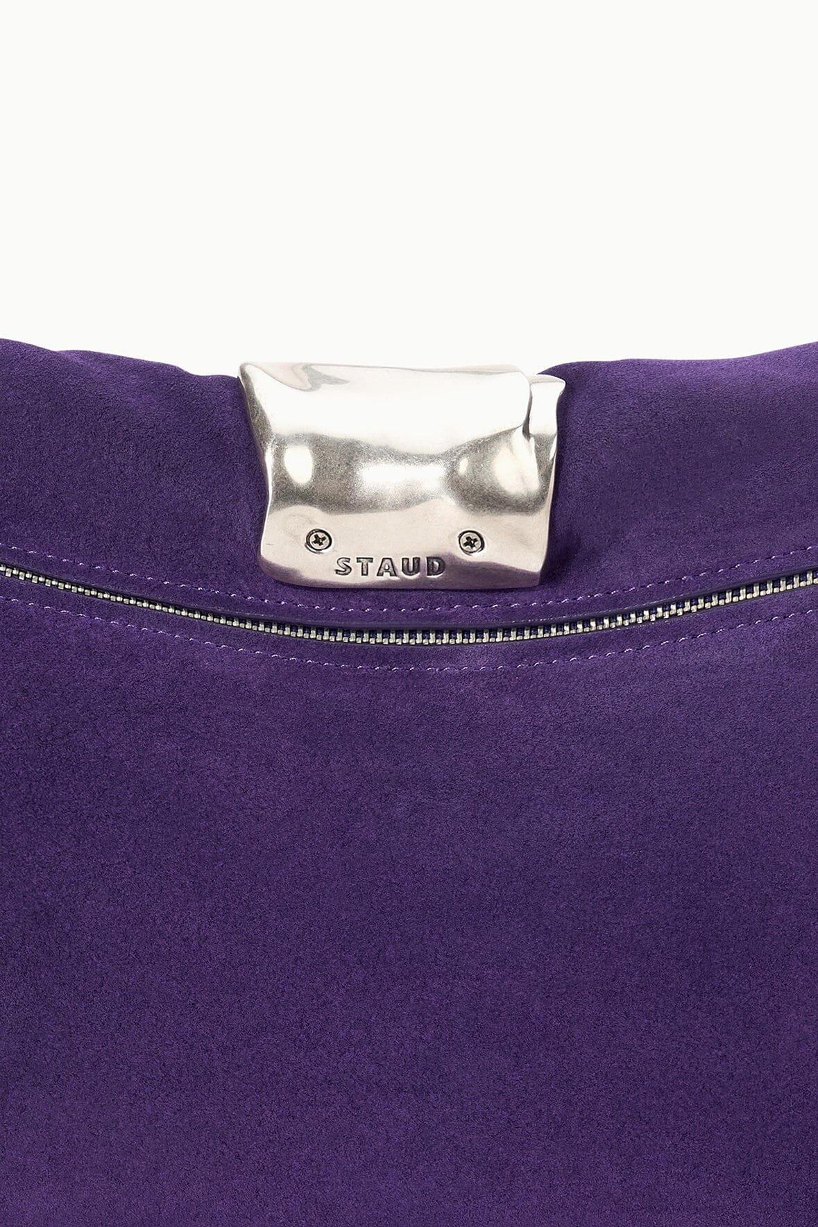 Purple cuff clutch with STAUD logo silver frame clasp