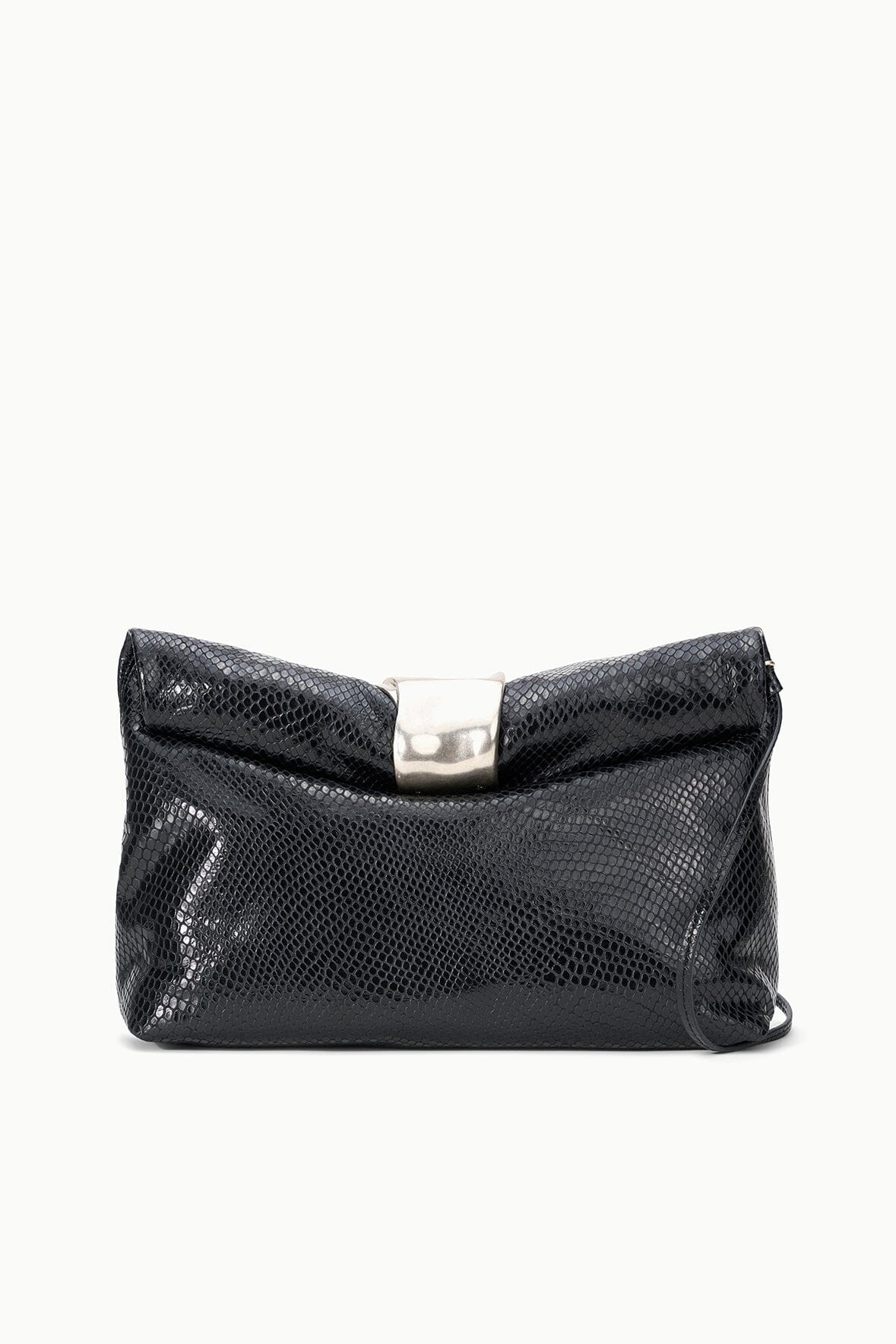 Black snake-texture cuff clutch with fold-over top and silver-tone clasp