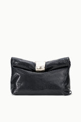 Black snake-texture cuff clutch with fold-over top and silver-tone clasp