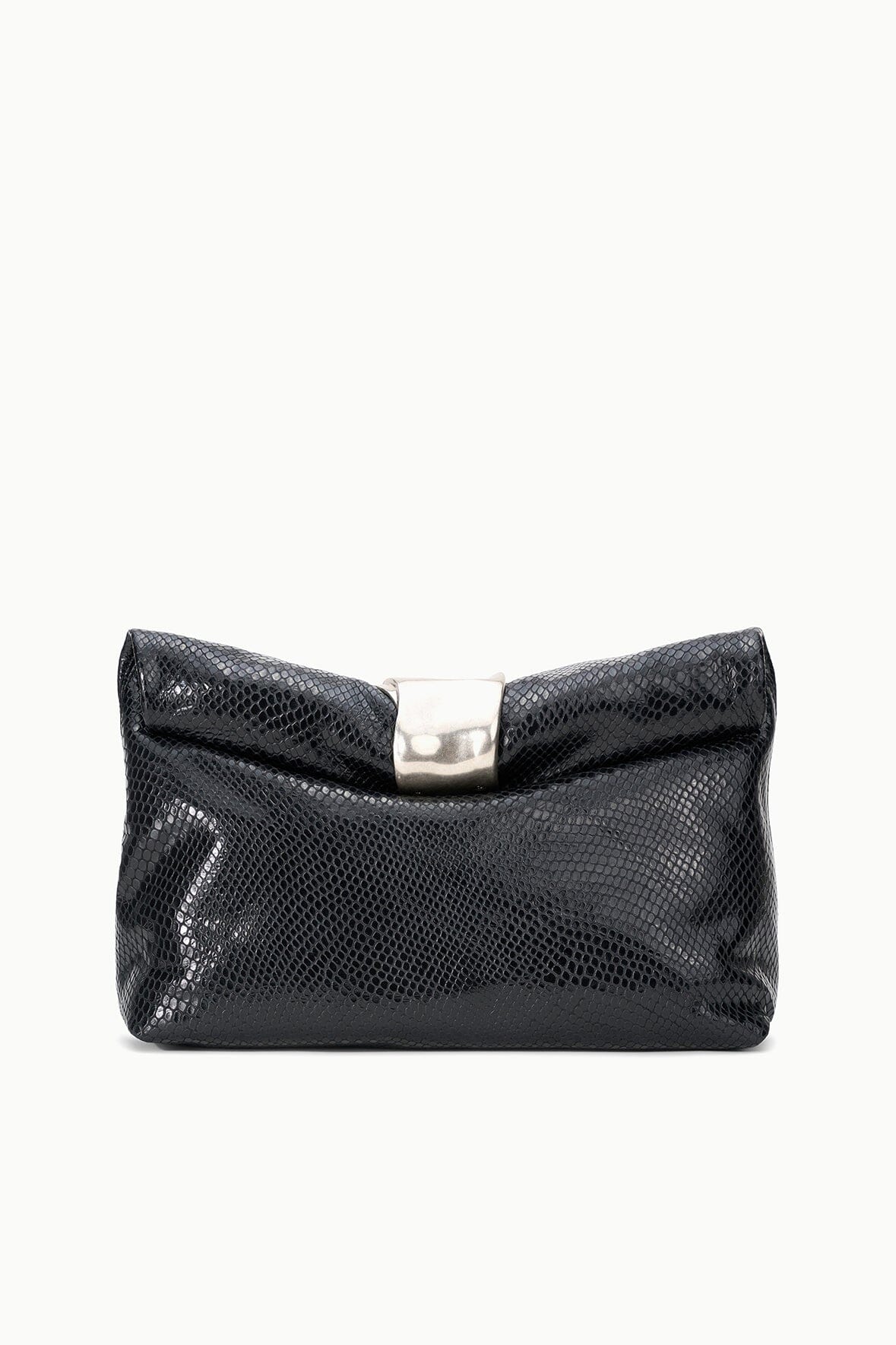 Black snake-texture fold-over cuff clutch with silver-tone clasp at center