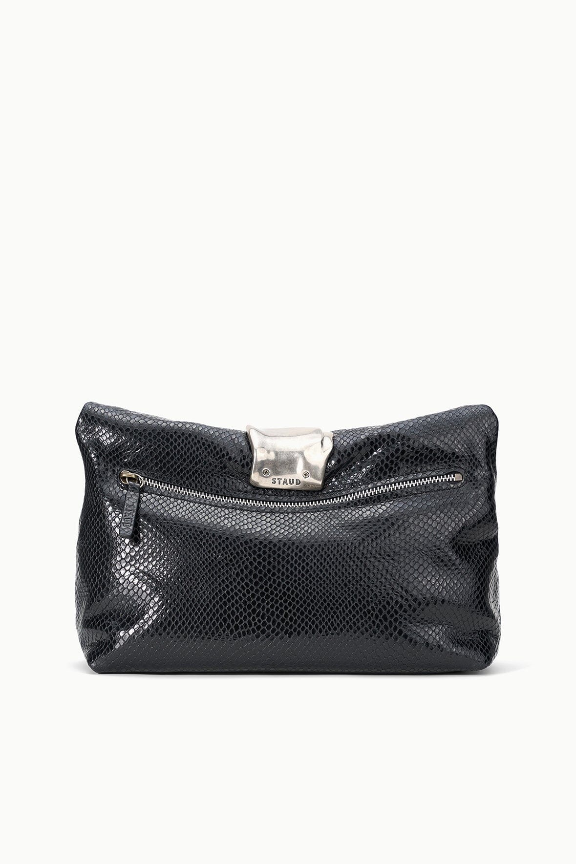 Black snake-texture cuff clutch with zipper opening and stitched front logo patch
