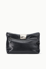 Black snake-texture cuff clutch with zipper opening and stitched front logo patch