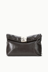 Espresso leather cuff clutch with curved top and metal clasp
