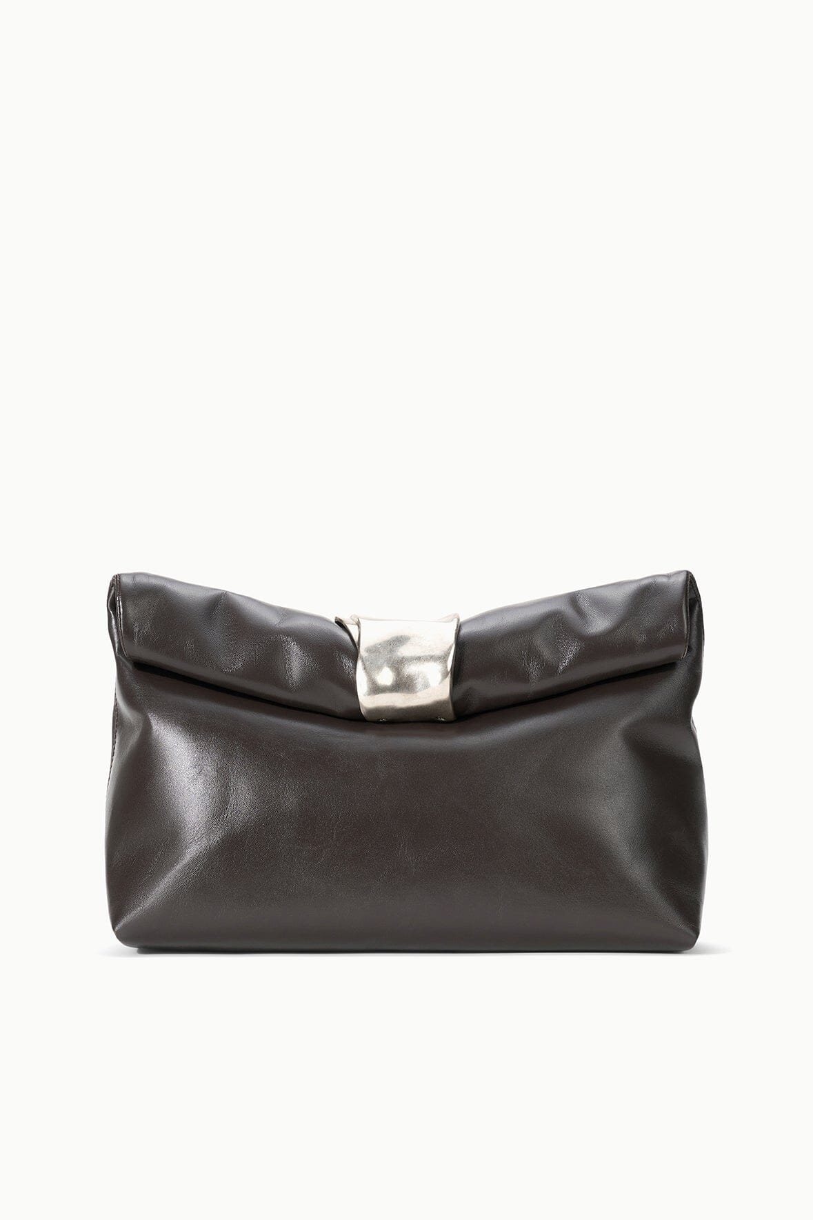 Espresso leather cuff clutch front view with curved top clasp