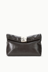 Espresso leather cuff clutch front view with curved top clasp