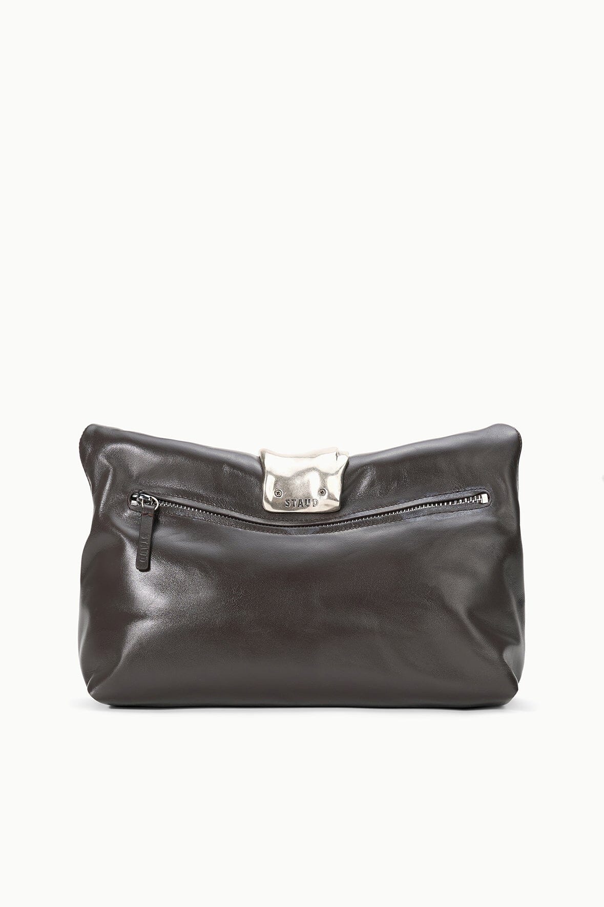 Espresso leather cuff clutch back view with zipper pocket details