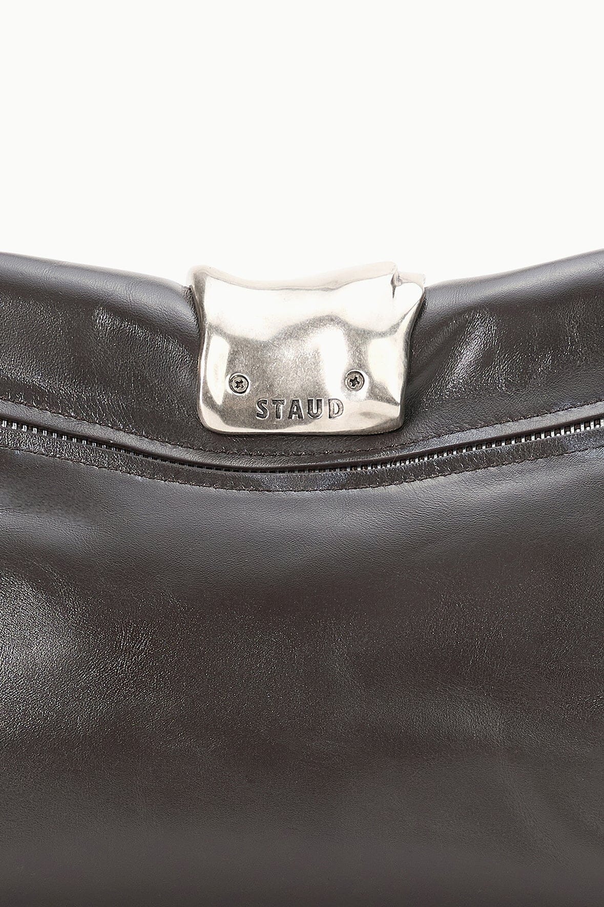 Espresso leather cuff clutch top clasp with STAUD logo