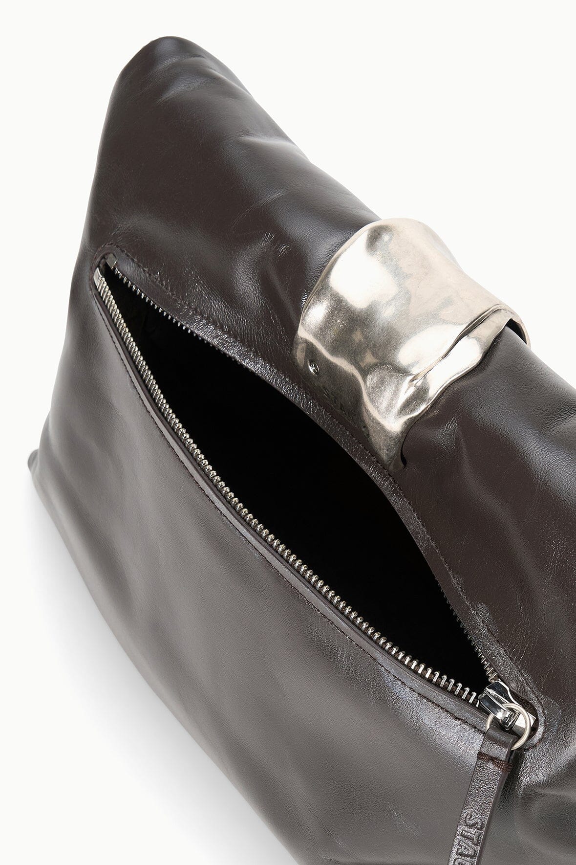 Espresso leather cuff clutch open zipper pocket with black lining
