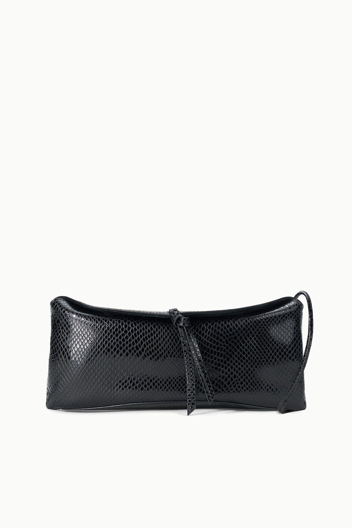 Black snake-embossed leather clutch bag with top flap and magnetic snap