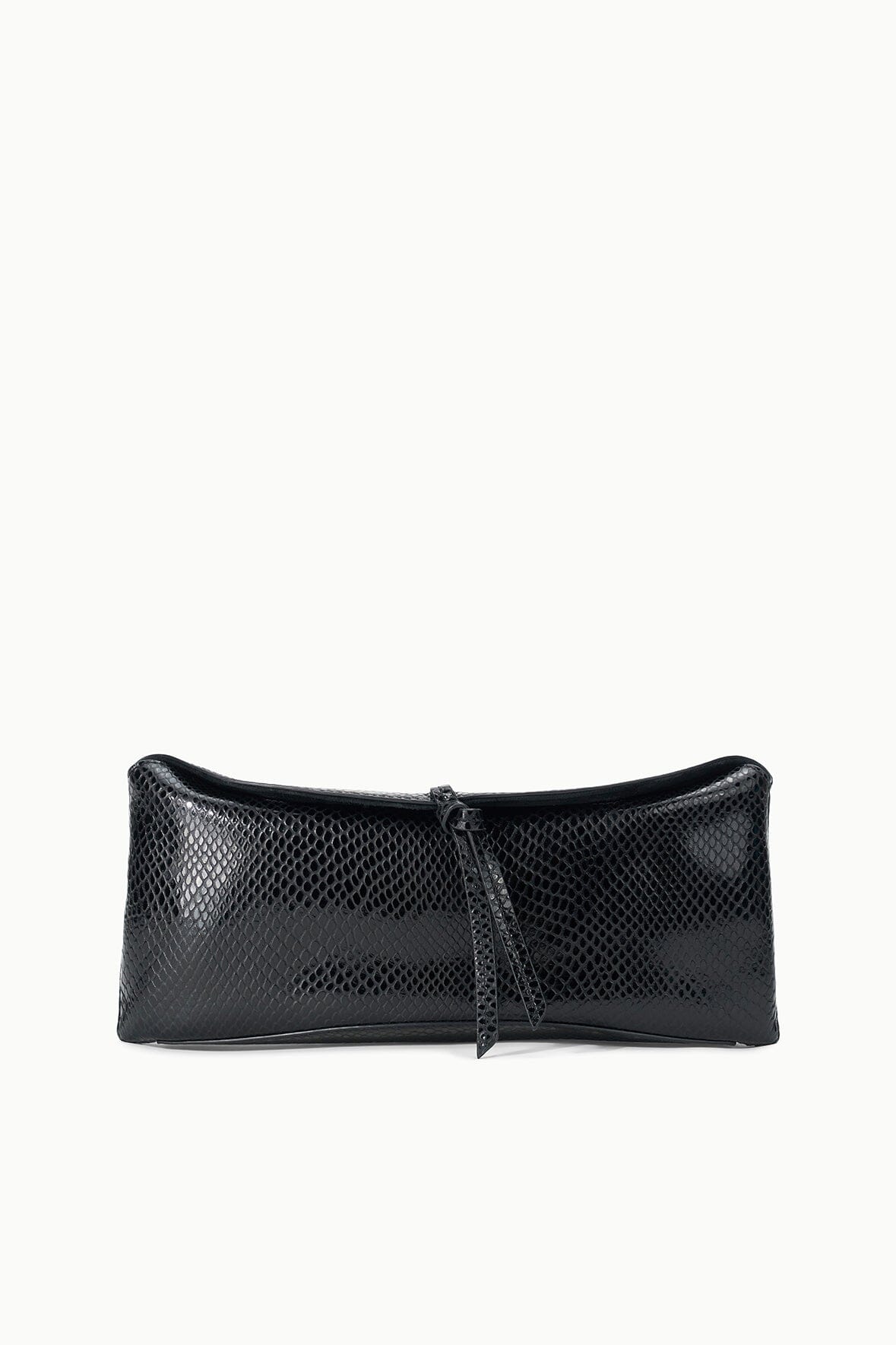 Black snake-embossed clutch with curved top flap and small wrist strap