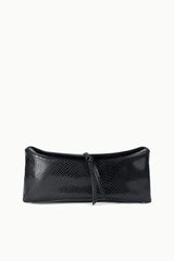 Black snake-embossed clutch with curved top flap and small wrist strap