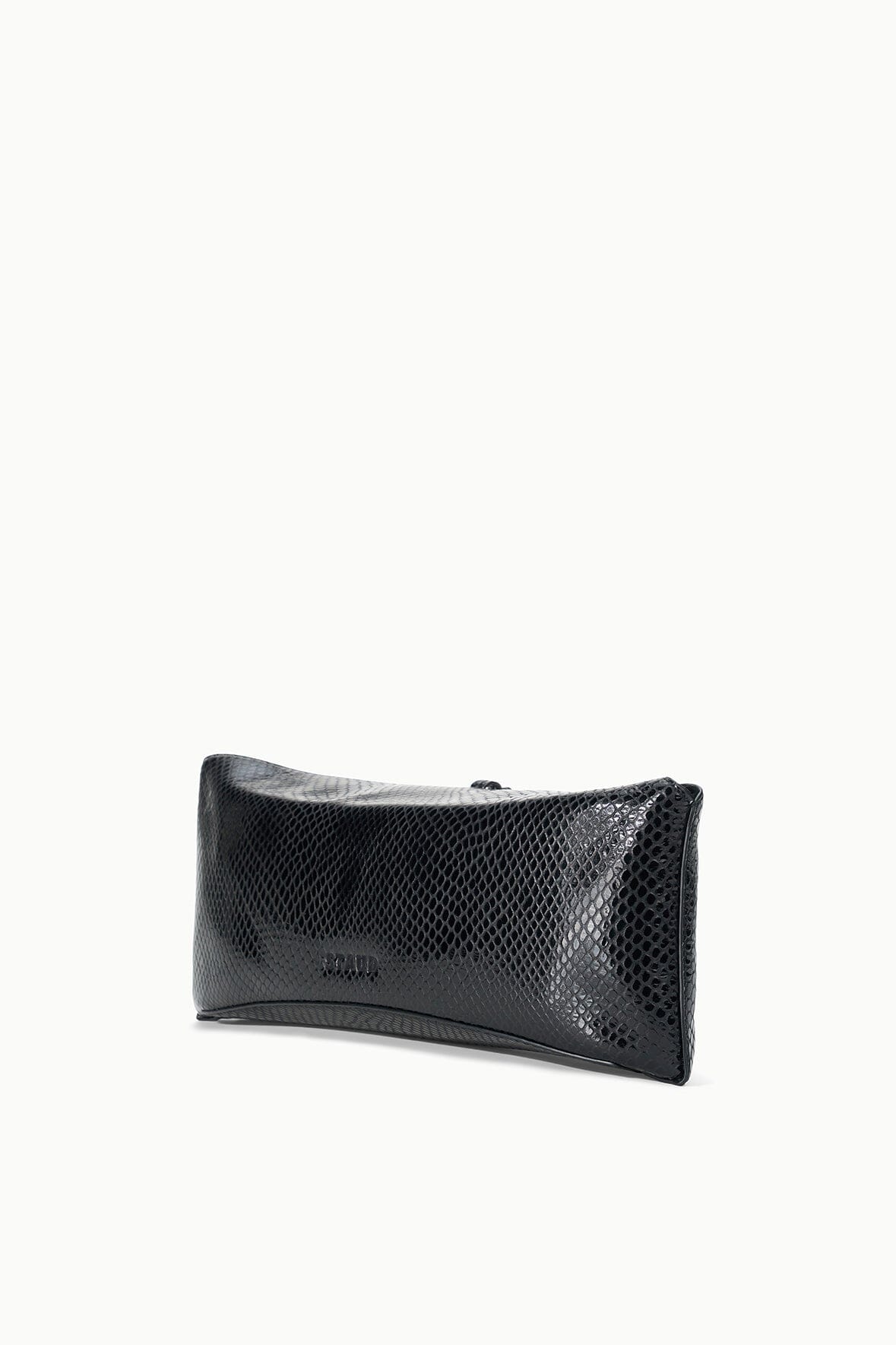 Black snake-embossed leather clutch viewed from side with top clasp