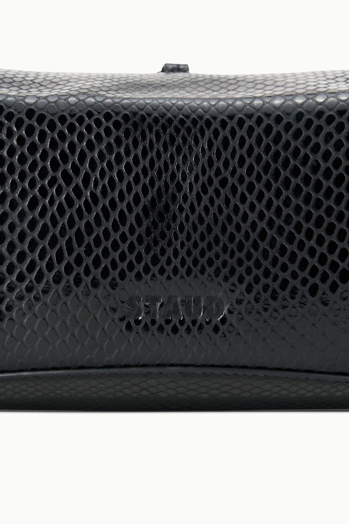 Black snake-embossed clutch front panel with embossed logo under flap