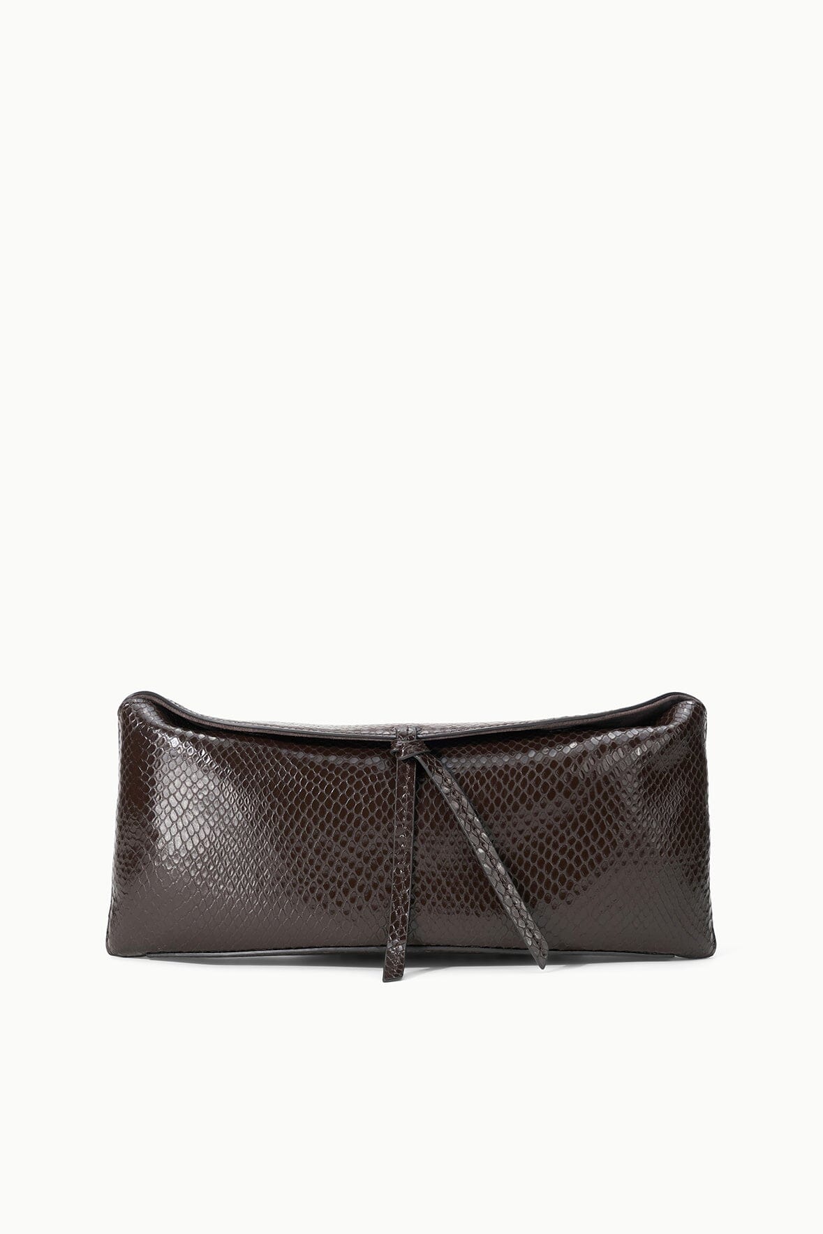 EVE clutch in dark brown snake-textured leather, rectangular shape with wrist strap