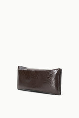 EVE clutch, dark brown snake-textured exterior, side profile with slim flap
