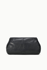 Black oversized bag profile view with flap and gathered side handles